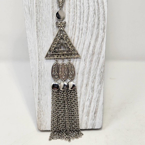 Silver Tone Layered Pendant Tassel Chain Necklace Statement Triangle Textured - Picture 2 of 6